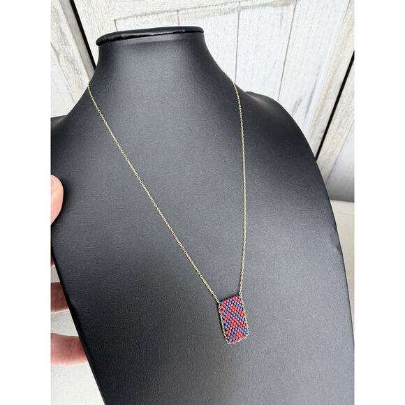 Madewell Women's Chevron Beaded Pendant Necklace Blue Red Gold - Picture 2 of 3